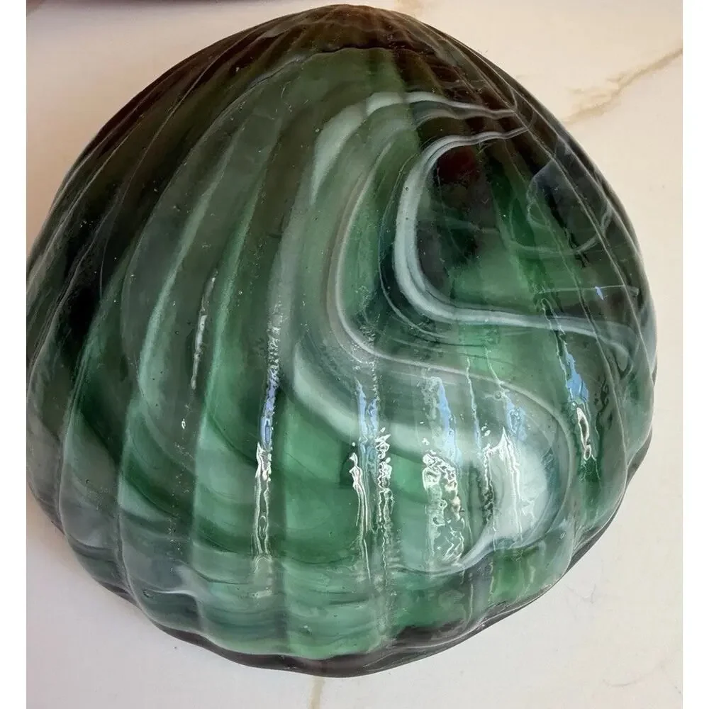 Vintage Green Swirl Sea Shell Shaped Hand Made Signed Art Glass Paperweight 5x5